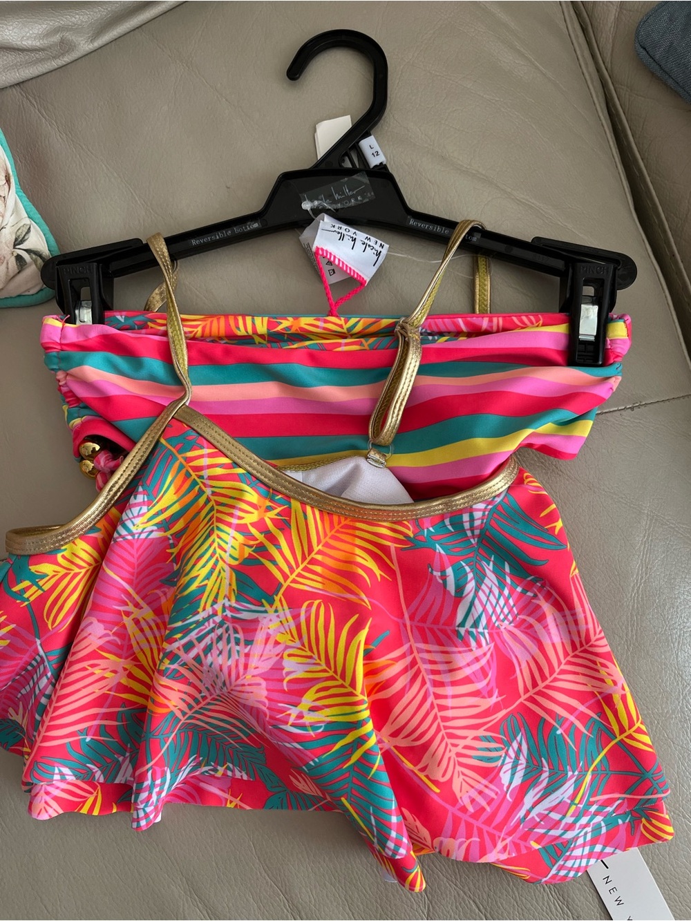 Girls Tropical Print Two-Piece Swim Set with Gold Trim Reversible Bottom